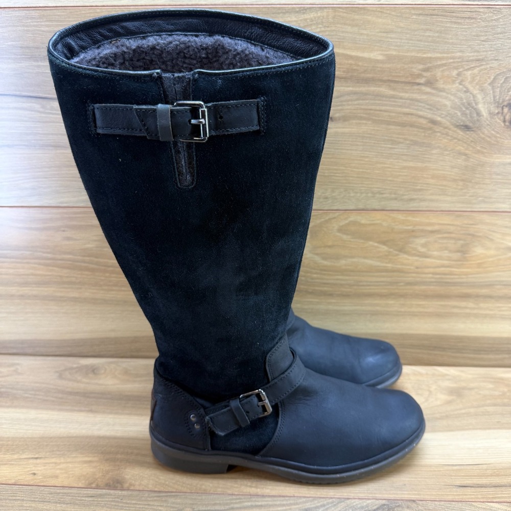 UGG Thompson Tall Waterproof Boots Womens 8.5 Black Leather Buckle Zip Cozy
